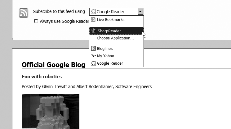Figure 4-2.Choosing a news aggregator with which to subscribe to a feed in Firefox