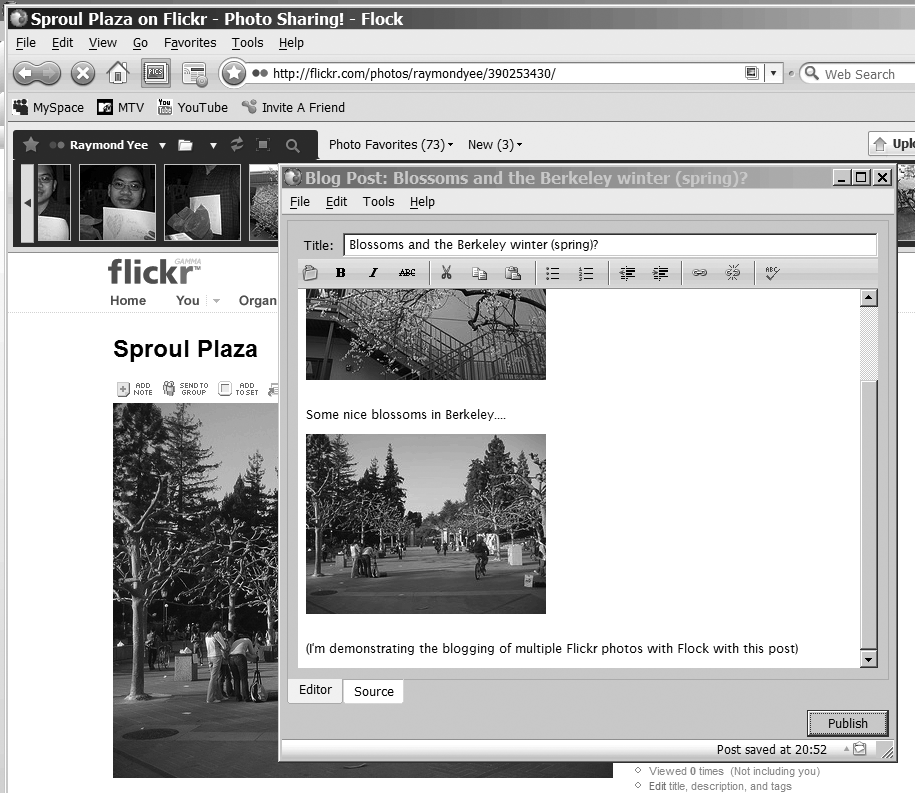 Figure 5-5. Blogging Flickr photos from Flock by dragging and dropping multiple Flickr photos into an editing window and then posting that entry into a configured blog. (Reproduced with permission of Yahoo! Inc. ® 2007 by Yahoo! Inc. YAHOO! and the YAHOO! logo are trademarks of Yahoo! Inc.)