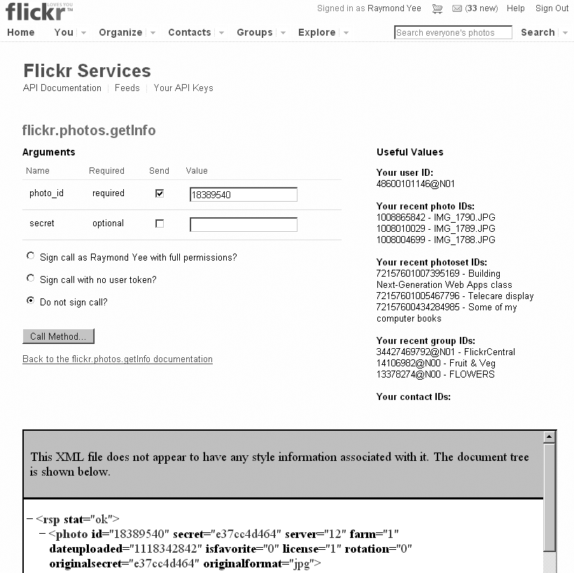 Figure 6-1.The Flickr API Explorer for flickr.photos.getInfo. (Reproduced with permission of Yahoo! Inc. ® 2007 by Yahoo! Inc. YAHOO! and the YAHOO! logo are trademarks of Yahoo! Inc.)