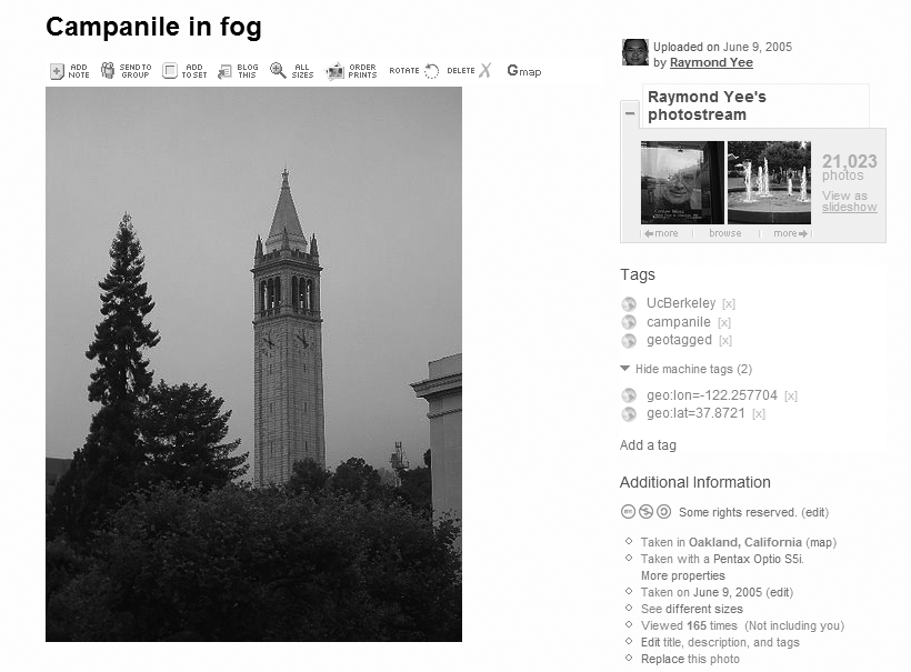 Figure 1-2. The Flickr photo “Campanile in fog” (http://flickr.com/photos/raymondyee/18389540/) with associated geocoding embedded in the tags. (Reproduced with permission of Yahoo! Inc. ® 2007 by Yahoo! Inc. YAHOO! and the YAHOO! logo are trademarks of Yahoo! Inc.)