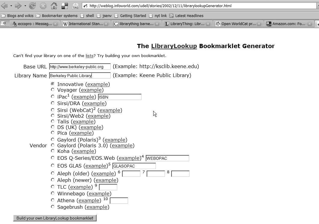 Figure 1-6. The LibraryLookup Bookmarklet Generator with parameters for the BPL