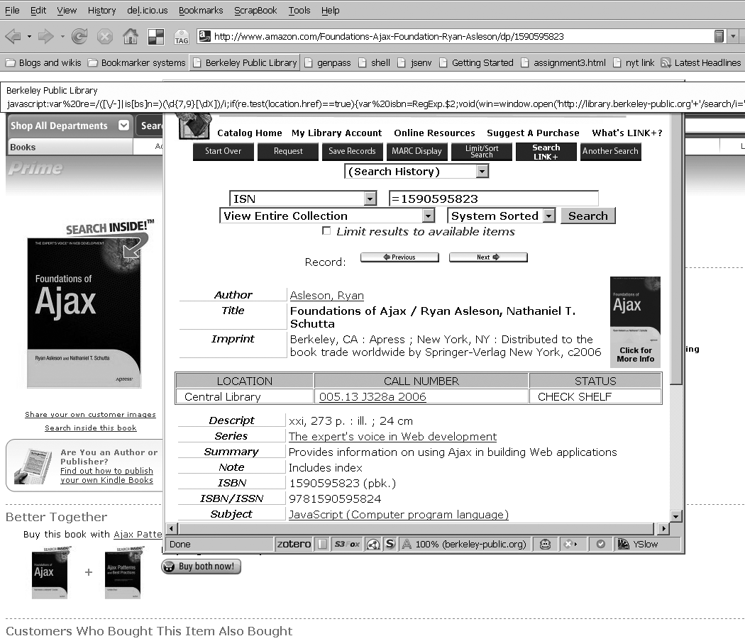 Figure 1-7. Invoking the LibraryLookup bookmarklet to look up Foundations of Ajax at the BPL. (Software copyright Innovative Interfaces, Inc. All rights reserved.)