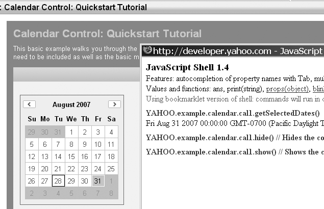 Figure 8-2.Interacting with the Yahoo! Calendar using the JavaScript Shell. (Reproduced with permission of Yahoo! Inc. ® 2007 by Yahoo! Inc. YAHOO! and the YAHOO! logo are trademarks of Yahoo! Inc.)