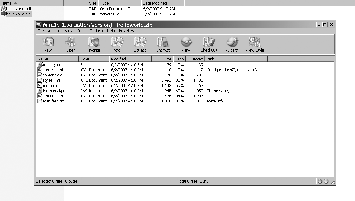 Figure 17-1. Unzipping helloworld.zip. An OpenDocument file produced by OpenOffice.org is actually in the ZIP format.