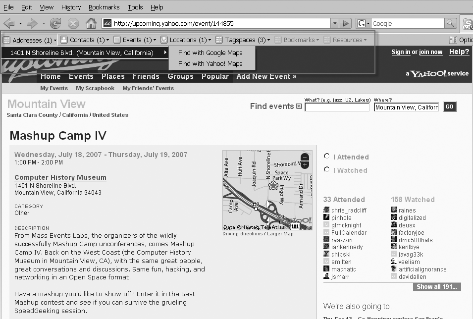 Figure 18-1. Operator toolbar showing microformats embedded in a page from Upcoming.yahoo.com. Actions available for the location microformat are shown boxed. (Reproduced with permission of Yahoo! Inc. ® 2007 by Yahoo! Inc. YAHOO! and the YAHOO! logo are trademarks of Yahoo! Inc.)